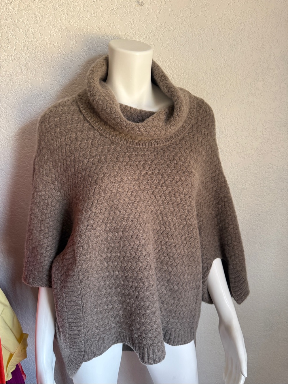 Neiman Marcus 100% Cashmere Poncho Sweater Cowl Neck Textured Knit Brown